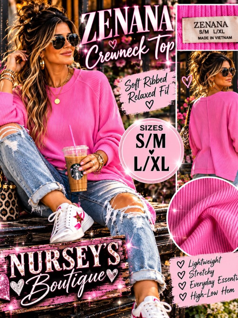 Zenana Pink Ribbed Crewneck Top S/M Long Sleeve Relaxed Fit Raglan NWT